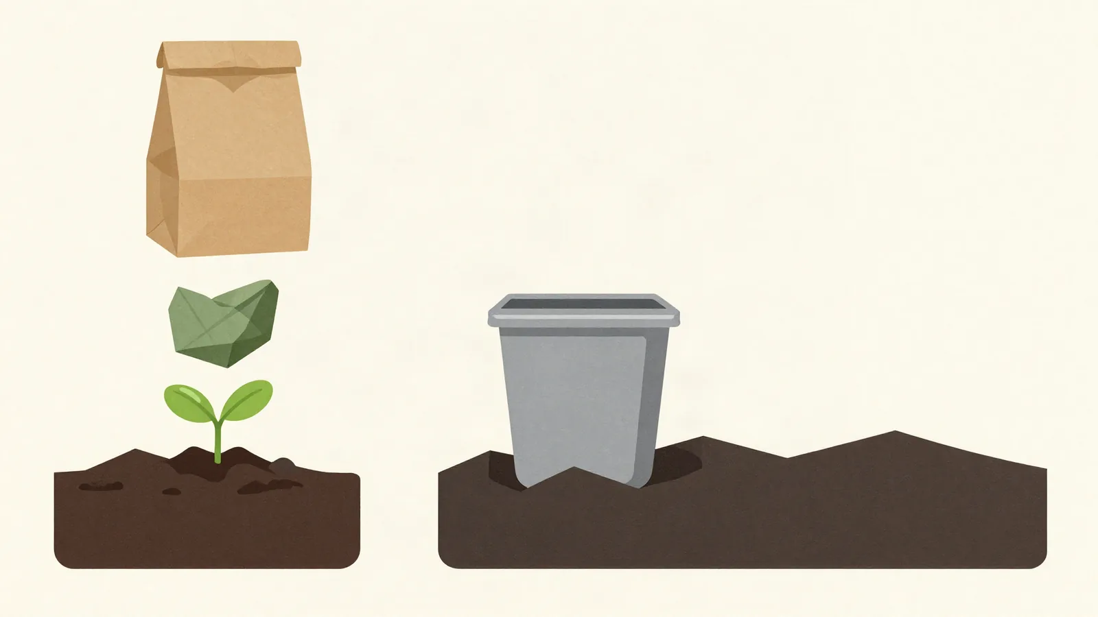 Ilustración de una bolsa de papel que se convierte en tierra de la que brota un retoño, frente a un recipiente plástico que permanece intacto bajo el suelo