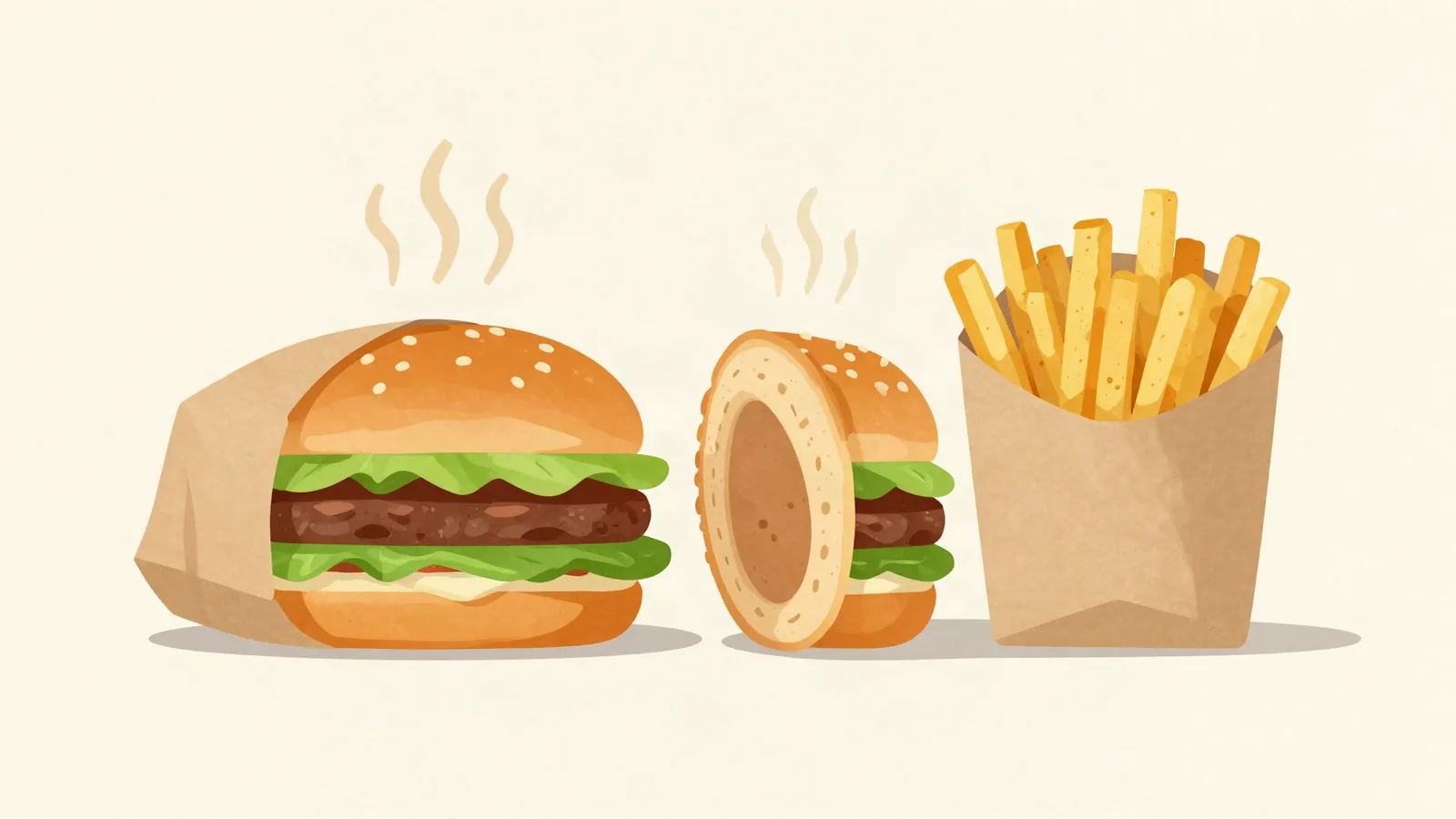 Ilustración de una hamburguesa envuelta en papel antigrasa dejando escapar el vapor, junto a papas fritas en un empaque de papel