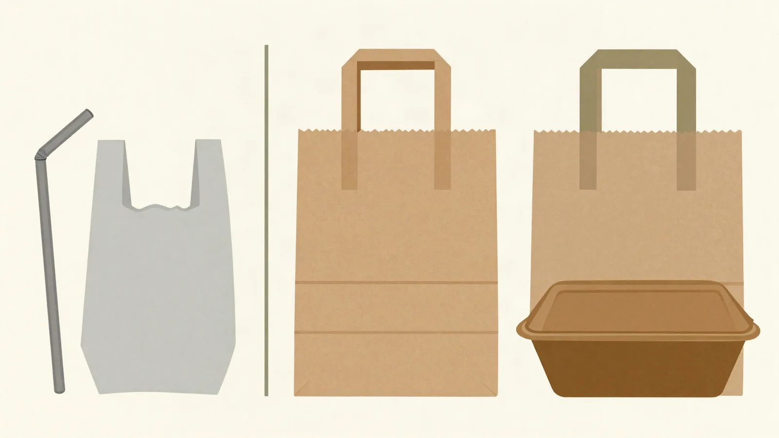 Ilustración con un pitillo y una bolsa plástica en gris a un lado, y bolsas de papel kraft y una caja de cartón que los reemplazan al otro