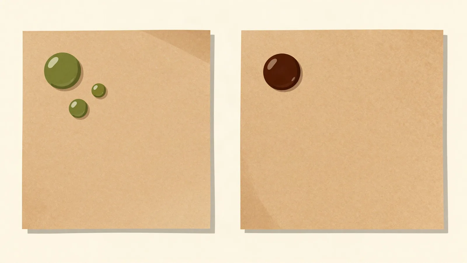 Ilustración que compara dos hojas de papel: en una las gotas resbalan sobre la cera, en la otra una gota de grasa queda detenida en la superficie