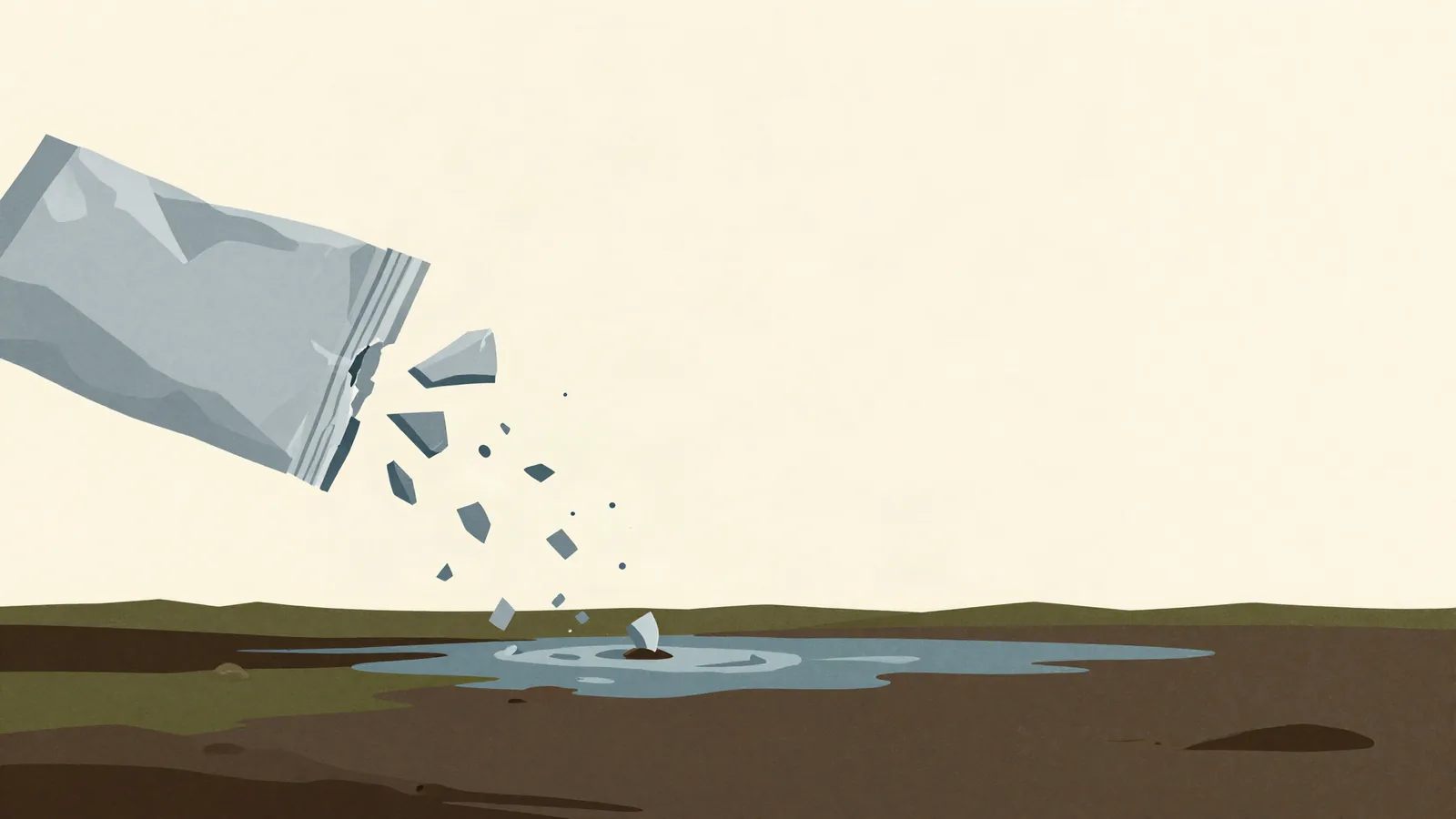Ilustración de una bolsa plástica que se parte en fragmentos cada vez más pequeños que caen al agua y al suelo