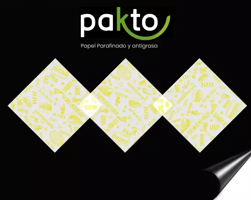Papel parafinado genérico de comidas rápidas con impresión amarilla